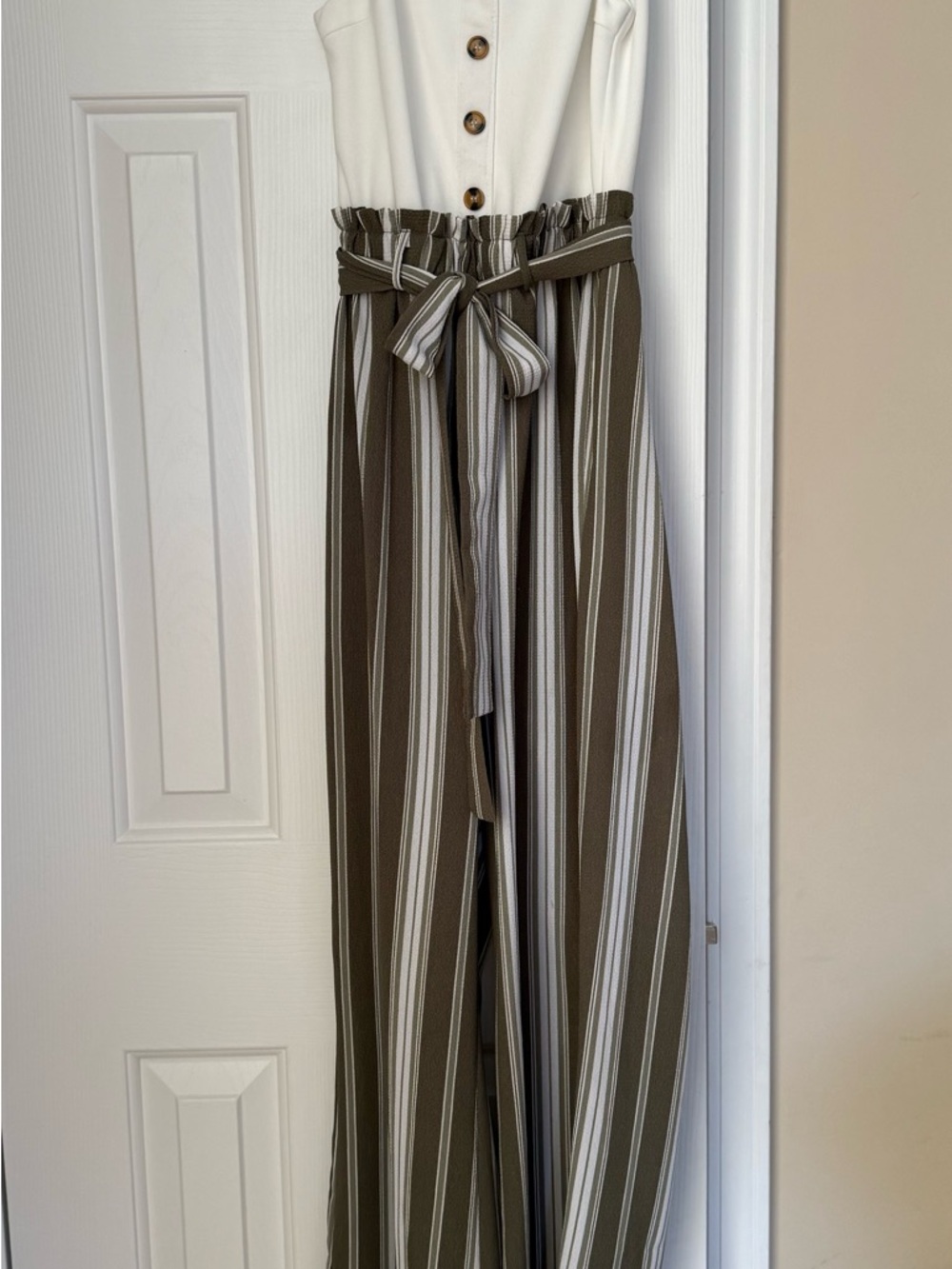 Blue Rain Olive & White Striped Paperbag Wide-Leg Pants with Tie Belt